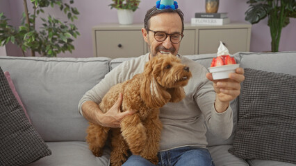 Poster - Hispanic man enjoys dessert with brown poodle on couch indoors