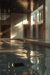 Poster - Indoor swimming pool with a large building background, suitable for commercial or institutional use