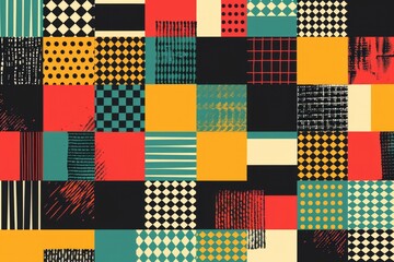 Poster - A vibrant patchwork design featuring variously colored squares, ideal for use in illustrations, textiles, or graphic designs