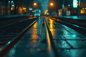 Poster - Train station illuminated at night, perfect for cityscape or transportation use