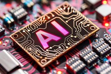 Sticker - Detailed view of an AI chip on a circuit board, emphasizing precision and advanced technology in computing.