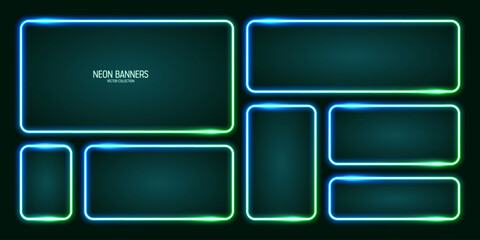 Wall Mural - glowing neon banners, illuminated colorful square frames. shiny vibrant border, glow effect. azure v