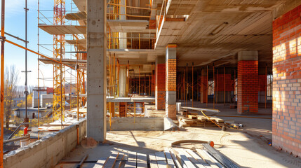 building is underconstruction, The building construction site, under construction job site with Scaffolding in a Large Building Interior