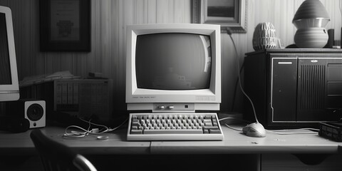 Aufkleber - An older computer model sitting on a wooden desk, suitable for background use or nostalgic purposes