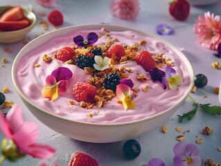 Poster - Pink Smoothie Bowl with Flowers and Berries