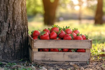 Wall Mural - Fresh Strawberries in a Wooden Crate Near a Tree