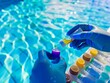 © INT888 - A laboratory technician conducts water testing with colorful reagents near a swimming pool, ensuring safety and cleanliness.