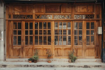 Poster - A wooden door with lush greenery and colorful flowers on the exterior, ideal for use in home decor or travel-themed projects