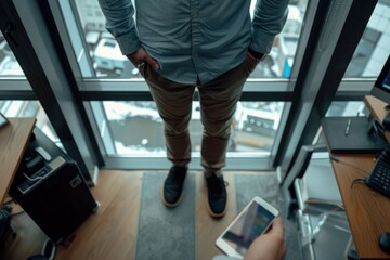 Wall Mural - A person holding a cell phone and standing in front of a window, possibly waiting for someone or checking messages