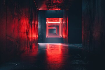 Poster - A dark hallway lit by a single red light, suitable for horror or suspense scenes