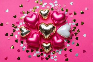 Wall Mural - A vibrant pink background with a collection of heart-shaped objects. There are metallic gold and silver hearts, as well as a white heart. 