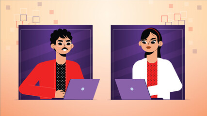 Sticker - A vector illustration depicting two people working on laptops side by side, each in their own workspace. The individual on the left, with curly hair and glasses