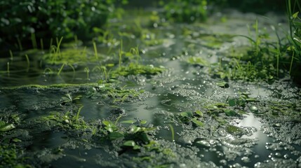 Poster - A serene stream runs through the heart of a lush green forest, surrounded by tall trees and dense foliage