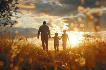 Aufkleber - A family of three walking together in a green field as the sun sets behind them