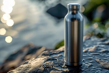 Wall Mural - A water bottle sits atop a rock, overlooking a body of water