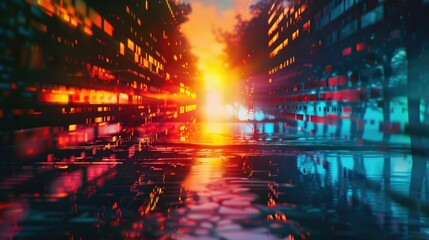 Poster - A nighttime scene on a city street with cars and buildings