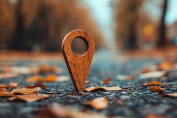 Poster - A wooden pin sits on the edge of a road, potentially marking a boundary or signaling a path