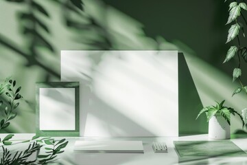 Poster - A table with a plant and a picture frame, great for home decor or office use