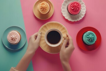 Wall Mural - A person holding a cup of coffee over a plate of colorful cupcakes