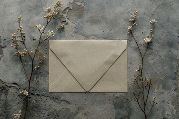 Aufkleber - A simple envelope with flowers placed on a concrete surface, perfect for use in office or home settings