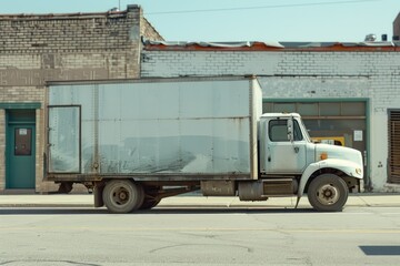 Poster - A white truck is parked in front of a brick building, with details visible on the structure
