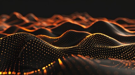 Wall Mural - Abstract black dark background with orange dots and lines, creating a wave pattern on the surface of mountains, 3D rendering, white background, high resolution 