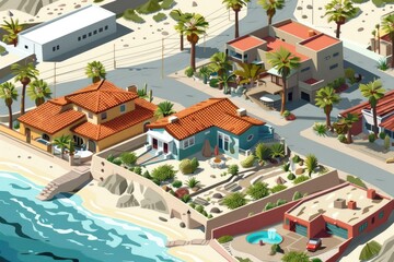 Poster - Aerial view of a beach with houses and palm trees, perfect for travel or lifestyle photography