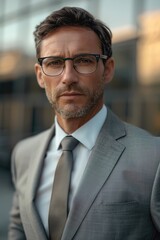 Wall Mural - A man dressed in a suit and tie poses for a photo, looking directly at the camera