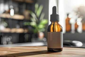 Poster - A clear glass bottle filled with a liquid, labeled as CBD oil, sits on a flat surface