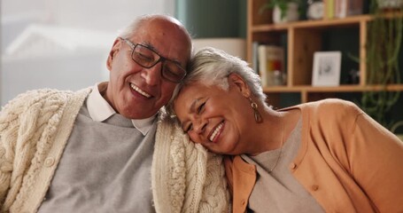 Sticker - Love, laughing or old couple in home to relax, hug or enjoy funny joke together in retirement for peace. House, senior woman or happy elderly man bonding with care, support or smile in living room