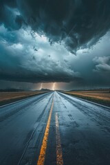 Aufkleber - A straight road with a bright yellow line in the middle, suitable for transportation or infrastructure-related uses