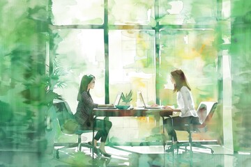 Poster - Two women using laptops at a table, possibly working from home or remote office