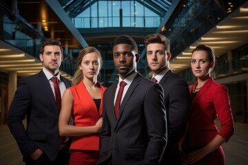 Office group: employees stand posing for team photo, reflecting workplace harmony and collaboration, capturing essence of professional relationships and positive work atmosphere with collective pride