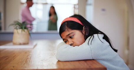 Wall Mural - Home, girl and parents with conflict, fight and screaming with trauma, marriage problems and domestic violence. Kid, child and mother with father, stress and anxiety with fear, scared and fatigue