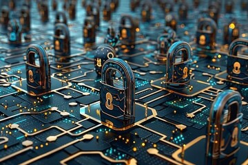 Poster - Complex circuit boards and digital locks emphasize robust data protection and cybersecurity.