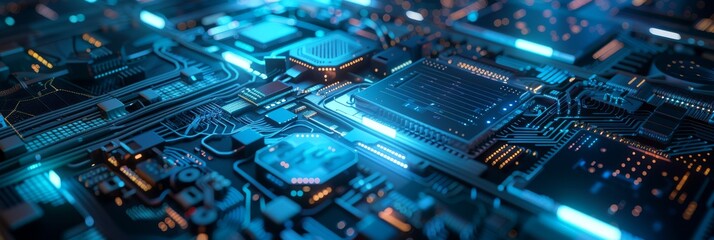 Poster - A futuristic circuit board showcases luminous cyber components in various blue hues