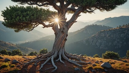 Wall Mural - Lone Tree on a Mountaintop at Sunset.