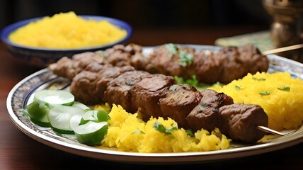 Wall Mural - A plate with a gourmet meat steak, rice, sauce, and vegetable salad. Delectable and nutritious grilled beef and vegetable dish with a white backdrop. The idea of balanced nutrition