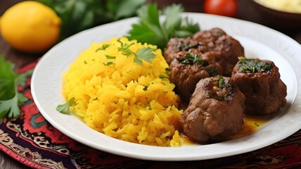 Wall Mural - A plate with a gourmet meat steak, rice, sauce, and vegetable salad. Delectable and nutritious grilled beef and vegetable dish with a white backdrop. The idea of balanced nutrition