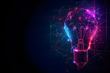 Wall Mural - abstract geometric light bulb in blue and purple neon colors on a dark background. concept of a good