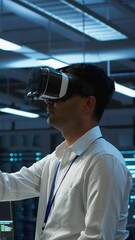 Poster - vertical video engineer wearing vr headset in data center installing software on computer, troublesh