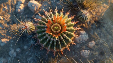 Poster - Top view of a blooming cactus flower in a desert landscape.