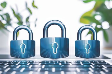 Sticker - Trio of blue digital locks on a serene background, emphasizing a unified approach to cybersecurity.