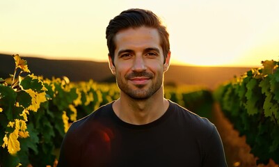 Poster - Portrait of handsome man standing in vineyard and looking at camera