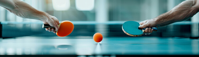 A dynamic table tennis match showcasing focused players as they engage in a competitive rally with a colorful ping pong ball.