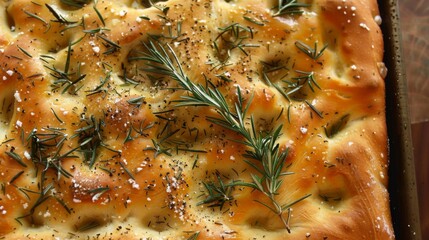 Poster - Top view of a focaccia bread topped with rosemary and sea salt.