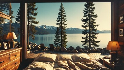 Canvas Print - Cabin with a View of Mountains and Lake.