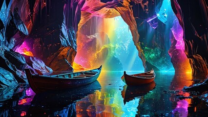 Canvas Print - Colorful Cave with Boats.