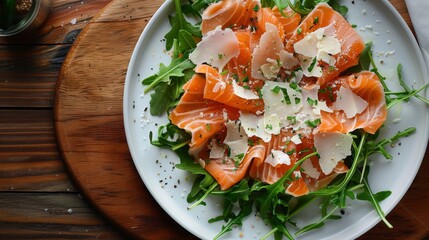 Sticker - Top view of a plate with salmon carpaccio, arugula, and parmesan shavings