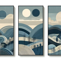 Wall Mural - three art posters featuring an abstract grey and blue landscape